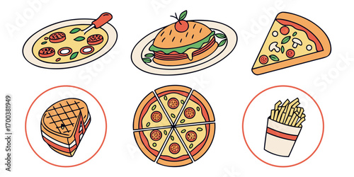 Collection of delicious food items including pizza, burger, and cake