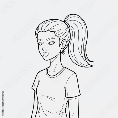 A black and white line art illustration of a young woman with a high ponytail hairstyle.