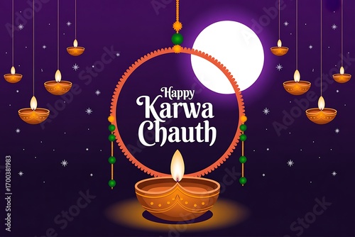Happy karwa chauth celebration with moon, diya, and circular motif on a purple background