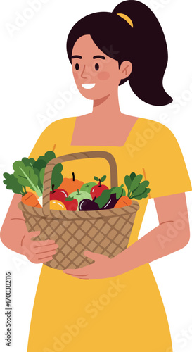 Woman holding basket full of fresh vegetables and fruits in yellow dress smiling happily vector illustration