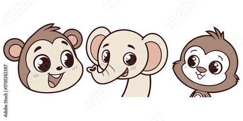 Three cute cartoon animal faces monkey, elephant, monkey