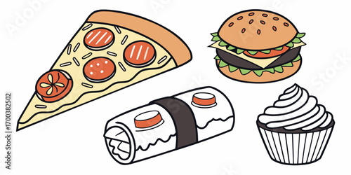Assortment of fast food items pizza, burger, wrap, and cupcake
