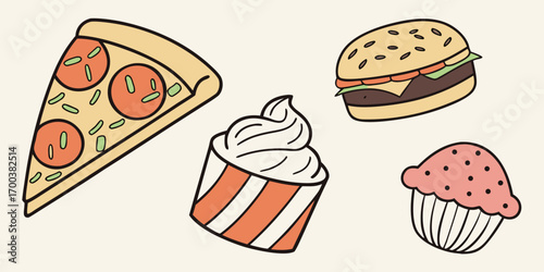 A collection of fast food items including pizza, burger, and cupcakes