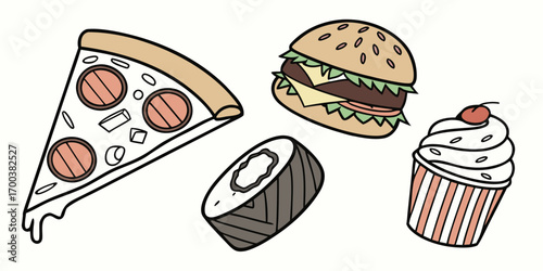 Assortment of fast food and sushi, including pizza, burger, and roll