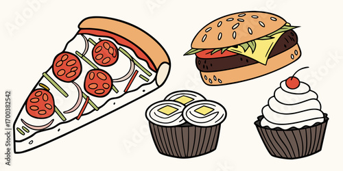 Variety of fast food and desserts like pizza, burger, and cupcakes