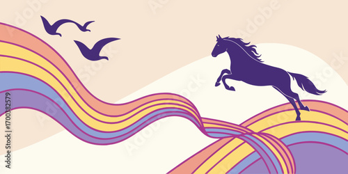 Silhouette of a horse jumping over rainbow waves with birds flying