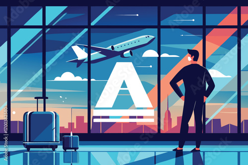 A stylized illustration of a man in a business suit wearing a face mask, standing at an airport window, looking out at a departing airplane.
