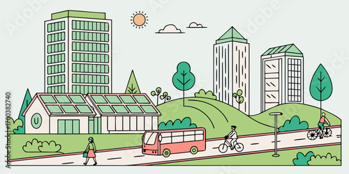Sustainable city with solar panels, bus, and people cycling