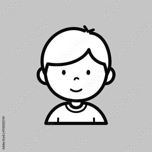 A simple black and white line art illustration of a smiling young boy's head and shoulders on a grey background.