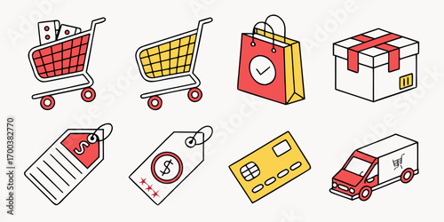 Shopping cart, shopping bag, gift box, price tag, credit card, delivery van