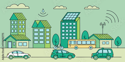 Smart city with electric car, bus, solar panel, and wireless technology