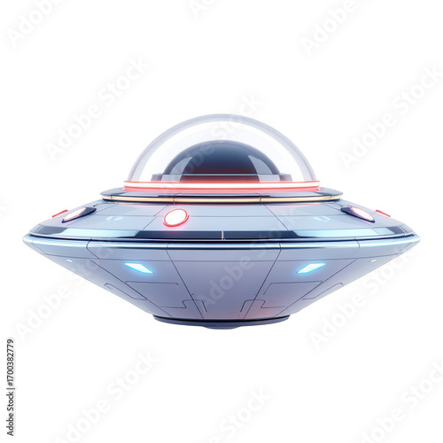 Futuristic UFO with glowing lights and transparent dome.