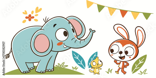 Cute cartoon elephant, bunny, and chick in a playful jungle setting