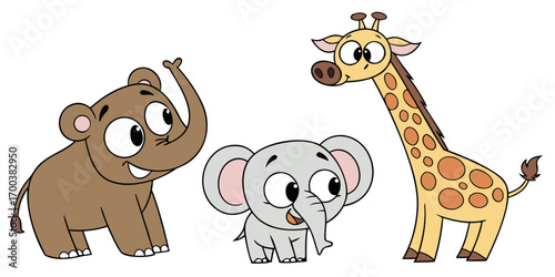 Three cartoon elephants and a giraffe in a playful jungle setting
