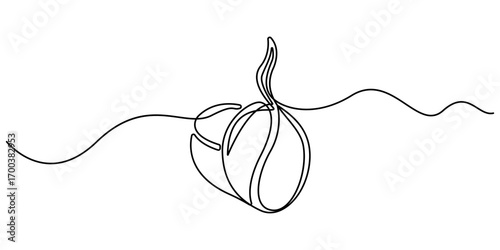 Cup of coffee and coffee beans. Hot beverage. Aroma of coffee. Single line art, Linear style, Editable stroke, isolated on a transparent background. Continuous line drawing. Editable outline
