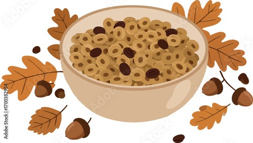 Bowl of oatmeal with raisins and autumn leaves surrounded by acorns healthy breakfast vector illustration