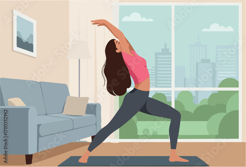 Woman practicing yoga indoors with city view in modern living room stretching body and relaxing calm