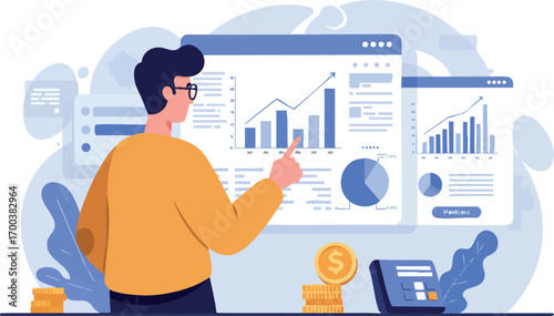 Man analyzing financial data charts and graphs on digital screens for business growth and investment insights