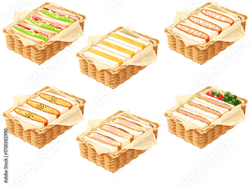 Six assorted sandwiches, neatly arranged in individual woven baskets, showcasing various fillings and layers.