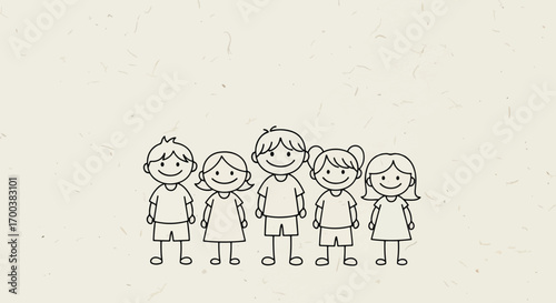 A charming hand-drawn illustration of five smiling children standing together in a row on a textured background.