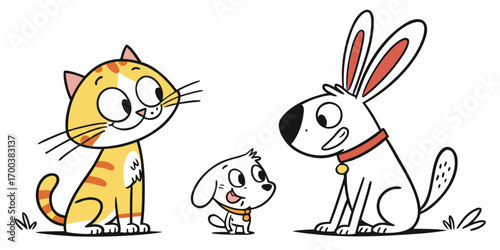 Cute cartoon cat, small dog, and big dog sitting together