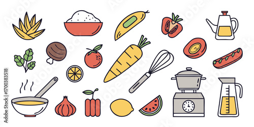 Assorted fresh food ingredients and kitchenware