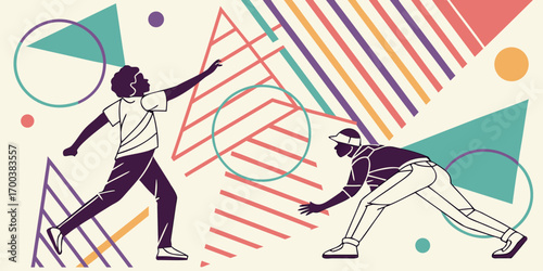 Two people dancing with retro geometric shapes and vibrant colors