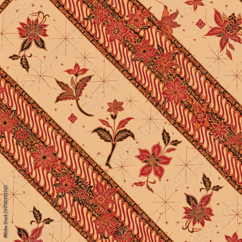 Elegant batik pattern design with floral motifs and diagonal lines in warm colors, seamless pattern, Stock royalty free image.
