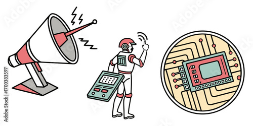 Communication technology with megaphone, robot, and microchip