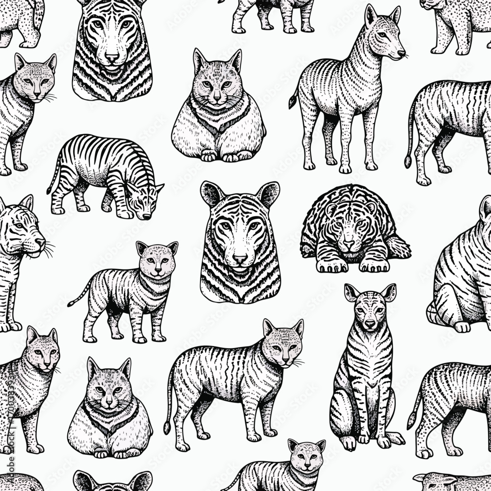 Obraz premium Diverse animals pattern featuring tigers, cats, and zebra in detailed linework, seamless pattern, royalty free stock.