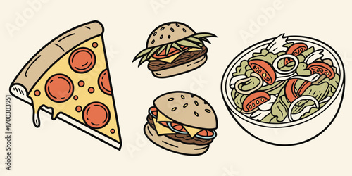 Handdrawn illustration of pizza, burgers, and salad on a light background