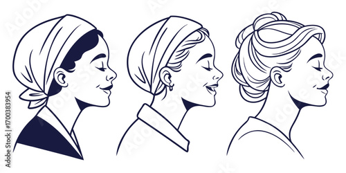 Line art illustration of three women with different hairstyles and headscarves