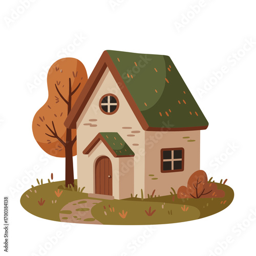 Cozy house vector illustration with green roof surrounded by autumn trees