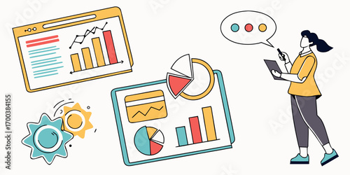 Business woman presenting analytics and growth charts on tablet