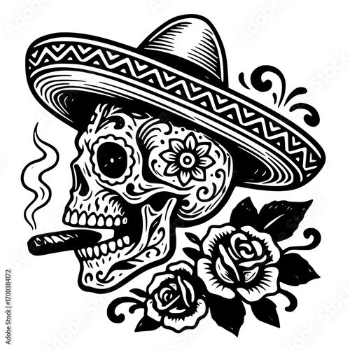Sugar skull with sombrero and cigar, day of the dead