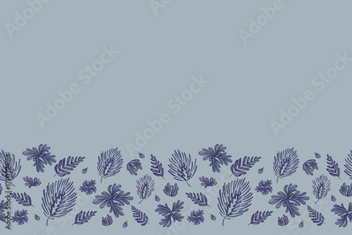 Vintage floral ethnic tapestry modern embroidery texture boho design vector illustration hand drawn silhouette indigo blue flower motif branches leaves wallpaper seamless background border.