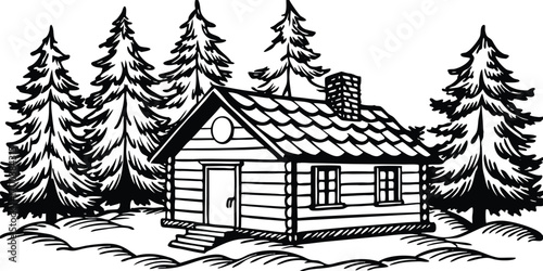 Rustic log cabin nestled among tall pine trees in a forest