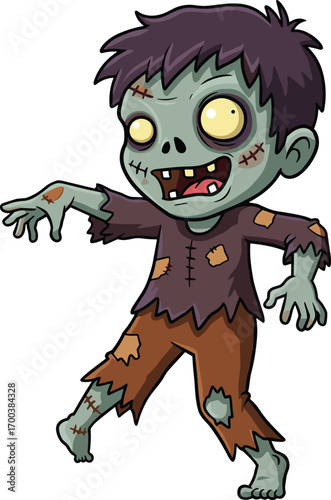 Creepy cartoon zombie boy walking with arms outstretched, tattered clothes, glowing eyes, Halloween undead kid character illustration for spooky themes
