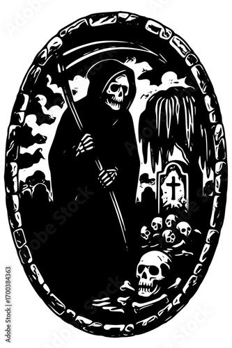 Grim reaper with scythe and skulls in graveyard