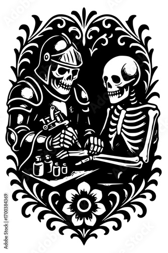 Skeleton knight tattooing another skeleton in ornate frame