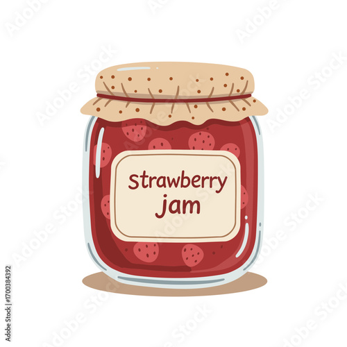 Strawberry jam in glass jar with label and patterned lid vector illustration on transparent background