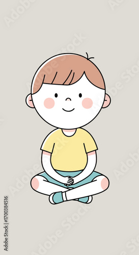 Cartoon illustration of a happy boy sitting cross-legged.