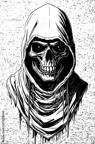 Grim reaper skull with hood and grunge texture