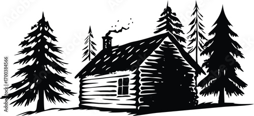 Rustic log cabin nestled among tall pine trees in a forest