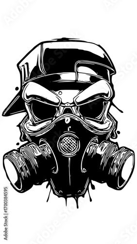 Skull wearing gas mask and cap