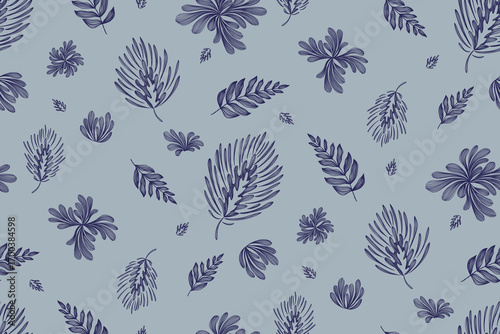 Vintage floral ethnic tapestry modern embroidery texture boho design vector illustration hand drawn silhouette indigo blue flower motif branches leaves wallpaper seamless background border.