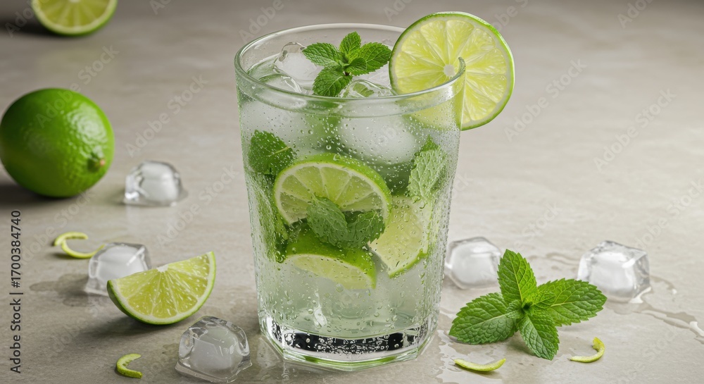 Fototapeta premium Refreshing mojito in a glass, garnished with lime slices and mint leaves, sits on a light gray surface with ice cubes.