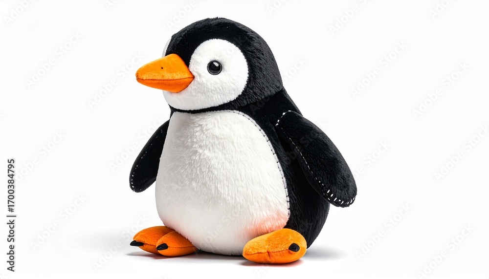 Fototapeta premium Plush penguin toy with black and white soft fabric orange beak stitched details round stuffed body and huggable design created as a cute children cuddly toy isolated on white background 