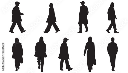 Architectural Drawings fashionable people in motion - walking, turning, and dynamic poses silhouette vector illustration, front view, human person Minimal style hand drawn. 