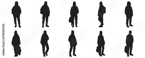 Architectural Drawings trendy Gen Z fashion people with casual streetwear, sneakers, and backpacks silhouette vector illustration, front view, human person Minimal style hand drawn. 